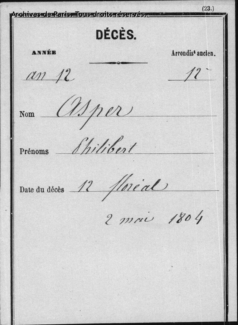 Philibert Aspairt death certificate