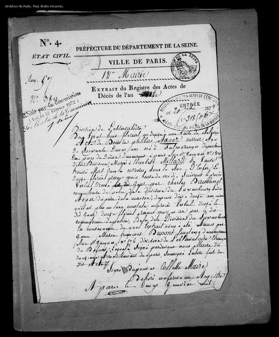 Philibert Aspairt death certificate